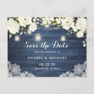 Rustic Blue Wood Lace Mason Jar Save the Date Announcement Postcard