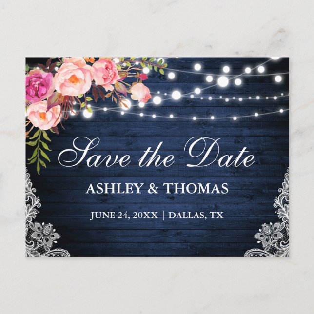 Rustic Blue Wood Lace Pink Floral Save the Date Announcement Postcard (Front)