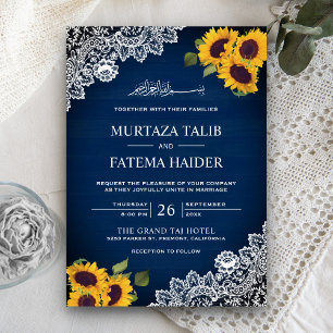 Rustic Blue Wood Lace Sunflower Muslim Wedding Invitation