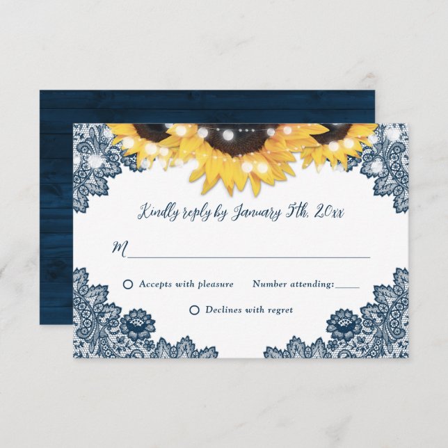Rustic Blue Wood Lace Sunflower Wedding RSVP  (Front/Back)