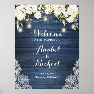 Rustic Blue Wood Lace White Flower Welcome Sign