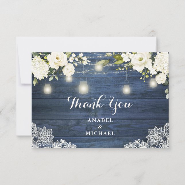 Rustic Blue Wood Lace White Flowers Wedding Thank You Card (Front)