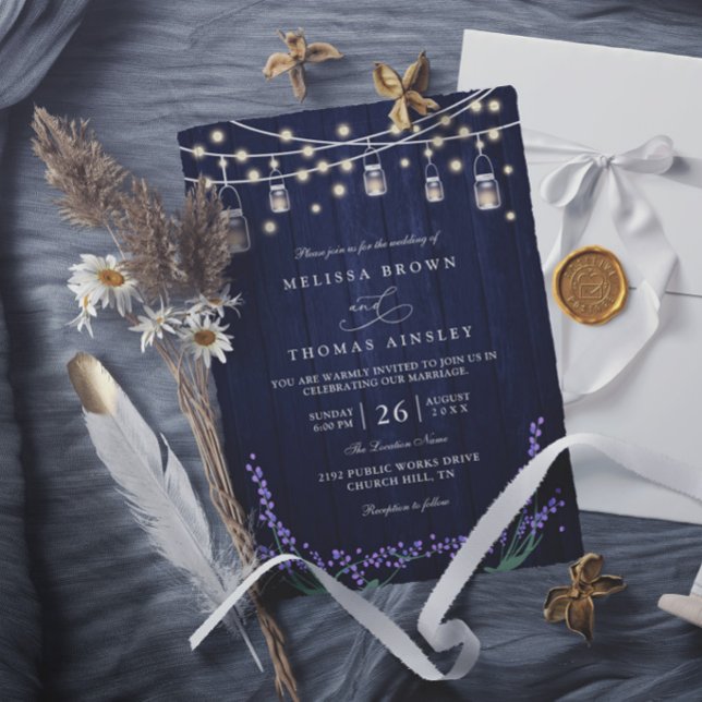 Rustic Blue Wood Lavender Elegant Modern Wedding Invitation (Creator Uploaded)