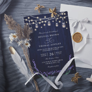 Rustic Blue Wood Lavender Elegant QR Code Wedding Invitation