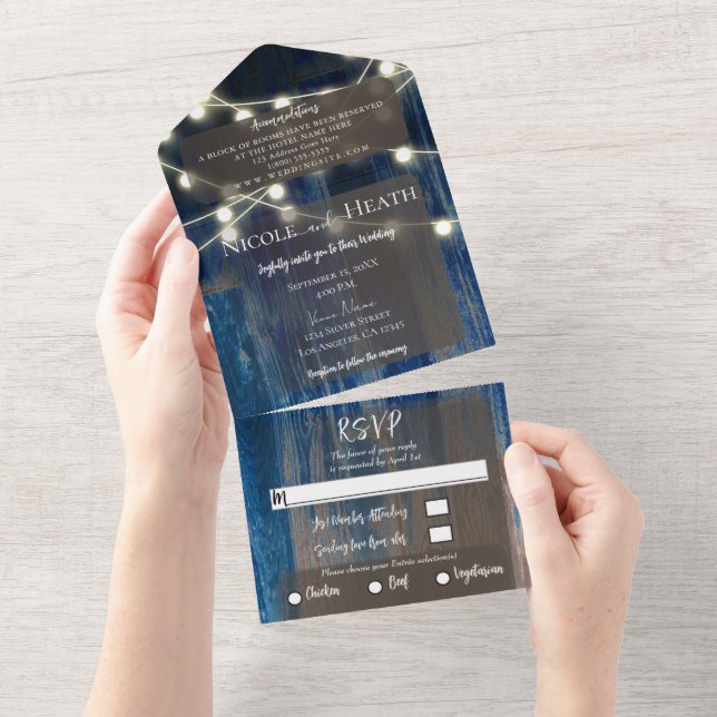 Rustic Blue Wood & Lights Barn Wedding    All In One Invitation (Tearaway)