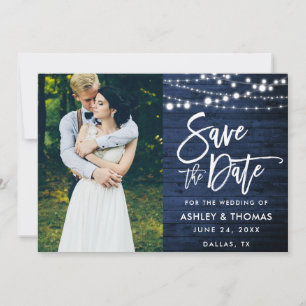 Rustic Blue Wood Lights Brush Script Photo Save The Date