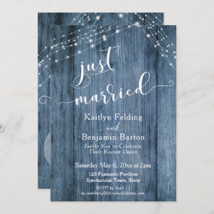 Rustic Blue Wood & Lights Just Married Event Invitation