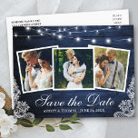 Rustic Blue Wood Lights Lace 3 Photo Save The Date Invitation Postcard<br><div class="desc">Rustic Blue Wood String Lights and Lace 3 Photo Save The Date Engagement Announcement Postcard</div>