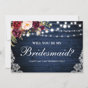 Rustic Blue Wood Lights Lace Floral Bridesmaid Invitation
