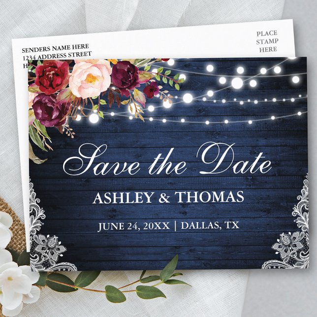 Rustic Blue Wood Lights Lace Floral Save the Date Announcement Postcard (Customize to change text size or text style.)