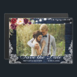 Rustic Blue Wood Lights Lace Photo Save the Date Magnetic Invitation<br><div class="desc">Rustic Wedding Blue Wood String Lights Lace Photo Save the Date Magnetic Invitation Card includes Watercolor Floral burgundy roses,  pink roses and greenery.</div>