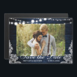 Rustic Blue Wood Lights Lace Photo Save the Date Magnetic Invitation<br><div class="desc">Rustic Wedding Blue Wood String Lights Lace Photo Save the Date Magnetic Invitation Card</div>