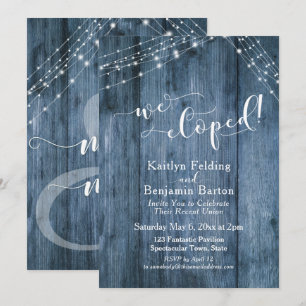 Rustic Blue Wood & Lights We Eloped Celebration Invitation