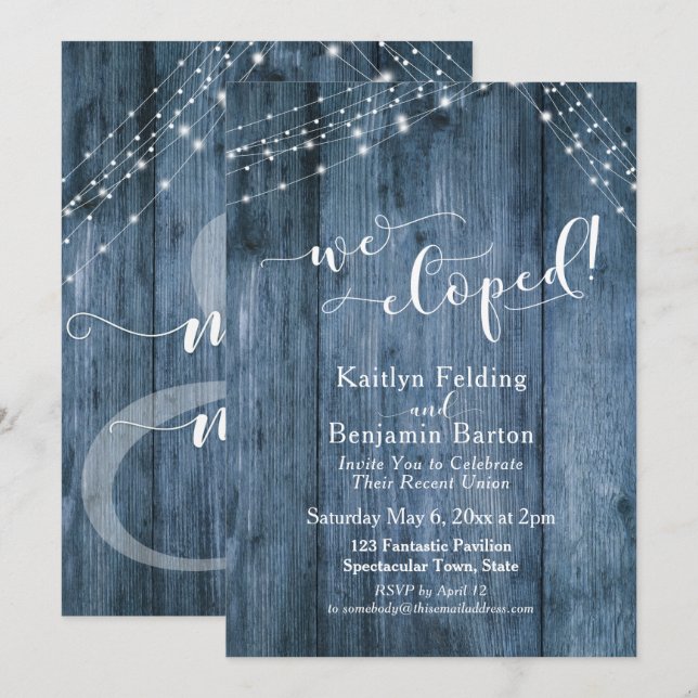 Rustic Blue Wood & Lights We Eloped Celebration Invitation (Front/Back)