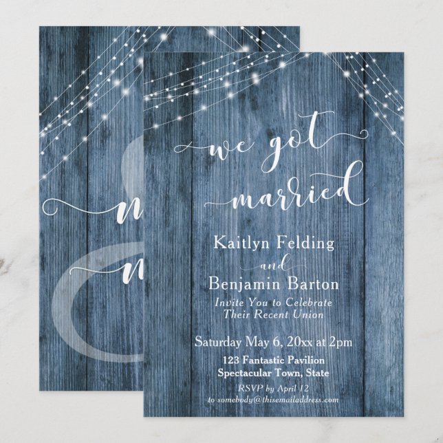 Rustic Blue Wood & Lights We Got Married Event Invitation (Front/Back)