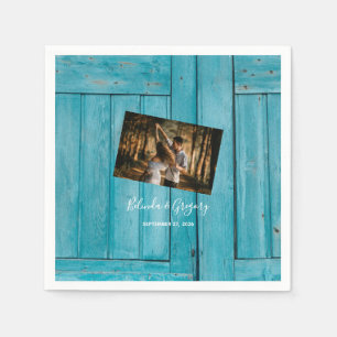 Rustic Blue Wood Photo Wedding   Napkin