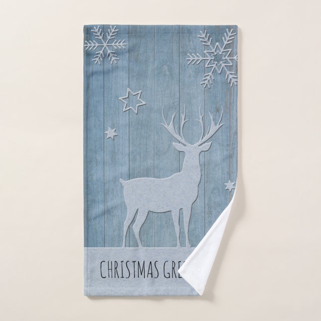 Rustic Blue Wood Reindeer Country Christmas Hand Towel (Hand Towel)