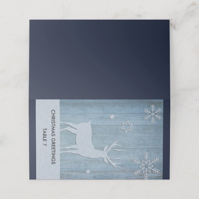 Rustic Blue Wood Reindeer Country Christmas Place Card (Outside Unfolded)