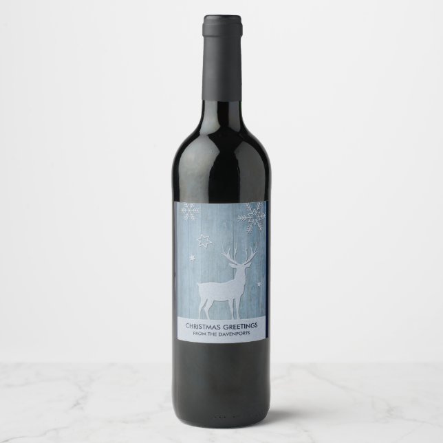 Rustic Blue Wood Reindeer Country Christmas Wine Label (Front)