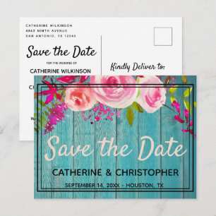 Rustic Blue Wood Rose Floral Save the Date Postcard
