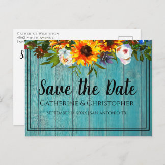 Rustic Blue Wood Save the Date Floral Announcement Postcard