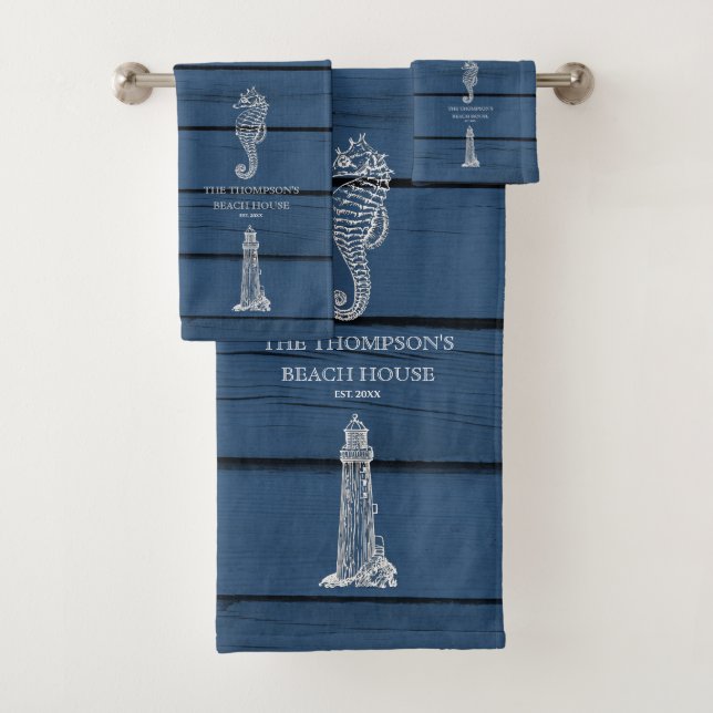 Rustic Blue Wood Seahorse Lighthouse Beach House  Bath Towel Set (Insitu)