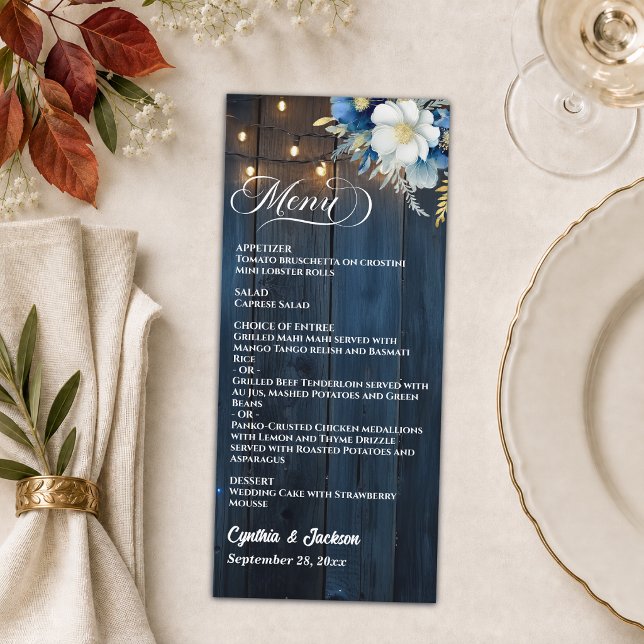 Rustic Blue Wood String Lights Floral Wedding  Menu (Creator Uploaded)