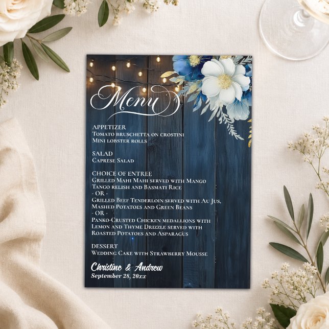 Rustic Blue Wood String Lights Floral Wedding  Menu (Creator Uploaded)