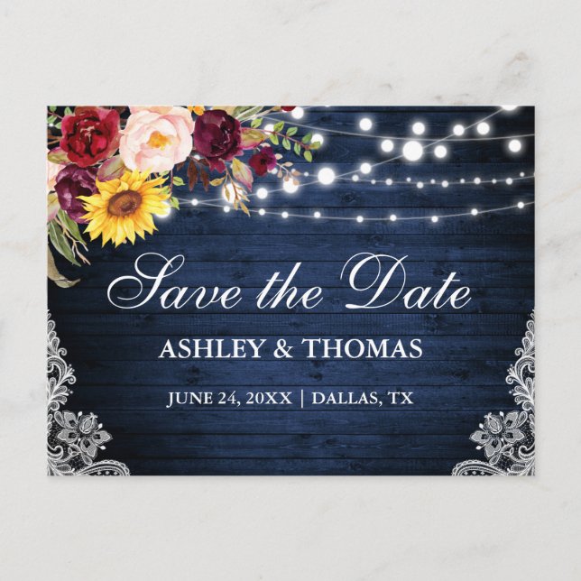 Rustic Blue Wood String Lights Lace Floral Announcement Postcard (Front)