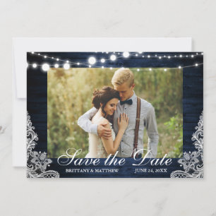 Rustic Blue Wood String Lights Lace Photo Save The Date