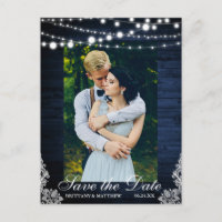 Rustic Blue Wood String Lights Lace Save the Date