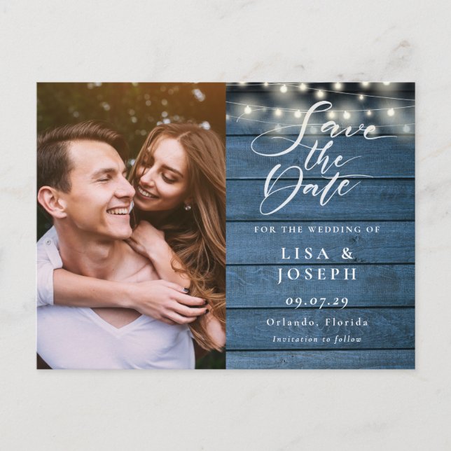 Rustic Blue Wood String Lights Photo Save the Date Postcard (Front)