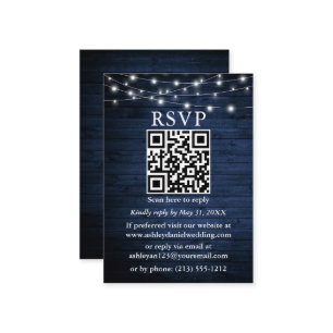 Rustic Blue Wood String Lights QR Wedding RSVP Enclosure Card