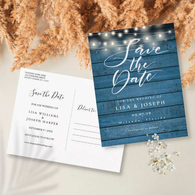 Rustic Blue Wood String Lights Save the Date Postcard (Creator Uploaded)