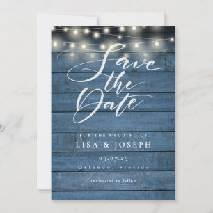 Rustic Blue Wood String Lights Script Wedding Save The Date