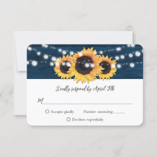 Rustic Blue Wood String Lights Sunflower Wedding RSVP Card