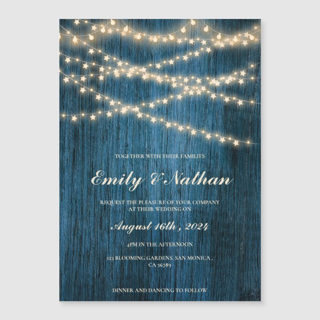 Rustic Blue Wood String Lights Wedding Invitation (Front)