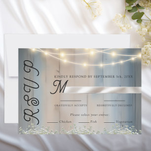 Rustic Blue Wood & String Lights Wedding RSVP Card