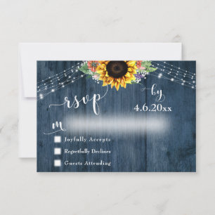 Rustic Blue Wood Sunflower Bouquet Lights Wedding RSVP Card