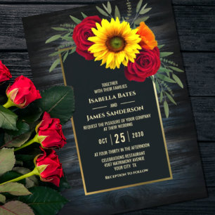 Rustic Blue Wood Sunflower Burgundy Rose Wedding Invitation