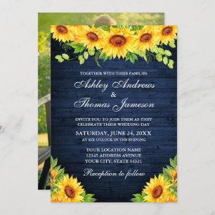 Rustic Blue Wood Sunflower Floral Greenery Photo Invitation