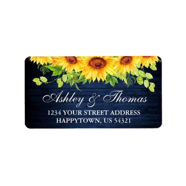 Rustic Blue Wood Sunflower Floral Wedding Address Label (Front)