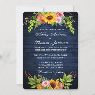 Rustic Blue Wood Sunflower Floral Wedding Invitation