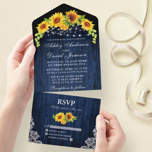 Rustic Blue Wood Sunflowers Lace Lights Wedding All In One Invitation
