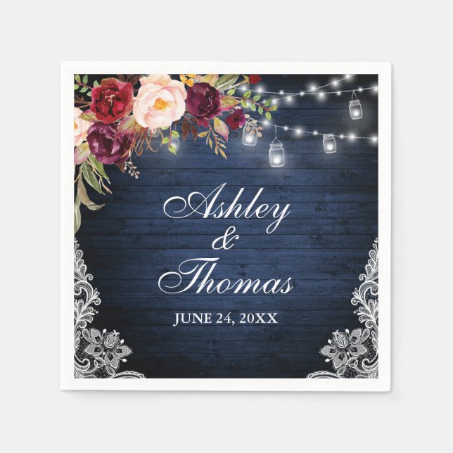 Rustic Blue Wood Wedding Jar Lights Floral Lace Napkin (Front)