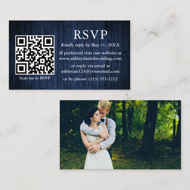 Rustic Blue Wood Wedding QR Photo RSVP Enclosure Card (Front/Back)