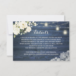 Rustic Blue Wood White Floral Lace Wedding Details Invitation