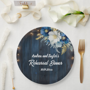 Rustic Blue Wood White Floral Rehearsal Dinner Paper Plate