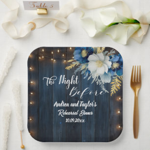 Rustic Blue Wood White Floral Rehearsal Dinner Paper Plate