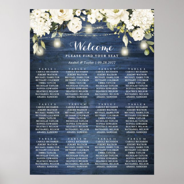 Rustic Blue Wood White Floral Seating Chart Plan (Front)